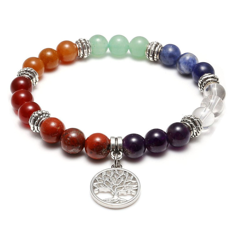 [Australia] - Jovivi 7 Chakras Yoga Meditation Healing Balancing Round Stone Beads Stretch Bracelet with Tree of Life/Lotus/OM Symbol Charm Tree of Life Style 