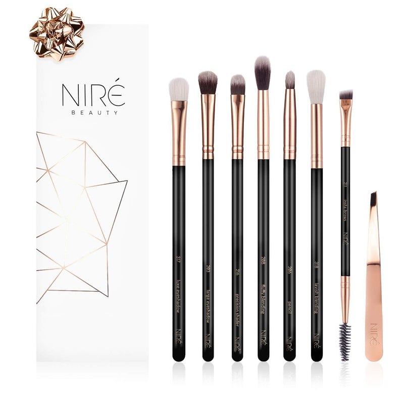 [Australia] - Nir√© Beauty Essential Eye Make Up Brushes Set: Professional Eye shadow Brush Kit with Tweezers, Professional Eyebrow Brush, Precision Eyeshadow Brushes, and Blending Brushes Rose Golden 
