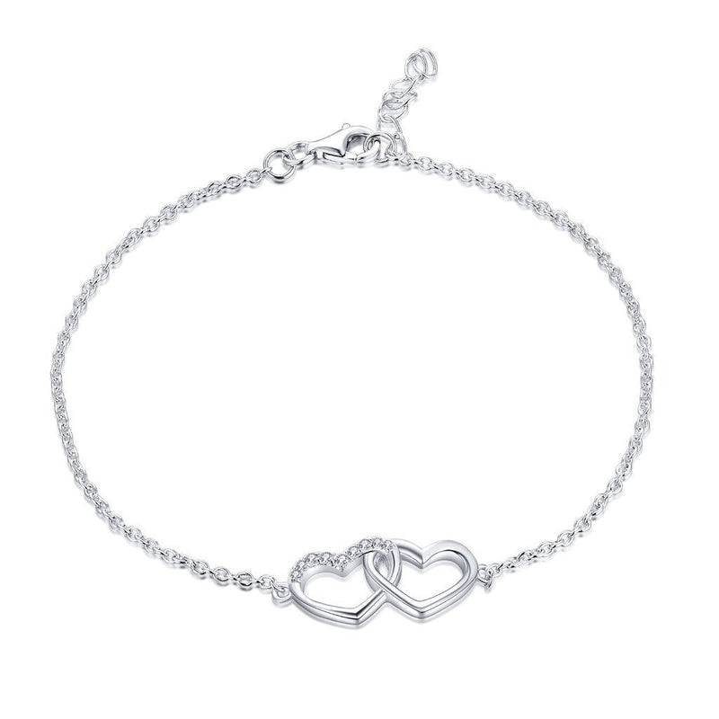 [Australia] - YL 925 Sterling Silver Bracelet, White Gold Plated Heart Cubic Zirconia Link Bracelet for Women and Girls ① Double Heart 