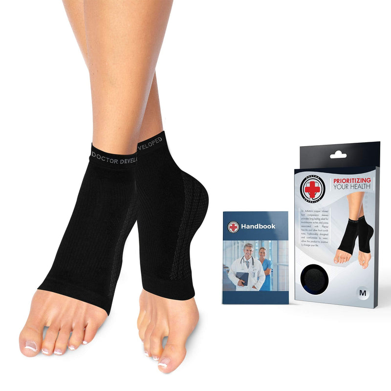 [Australia] - Doctor Developed Copper Infused Foot Compression Sleeves / Plantar Fasciitis Socks [PAIR] and Doctor Written Handbook Black M 