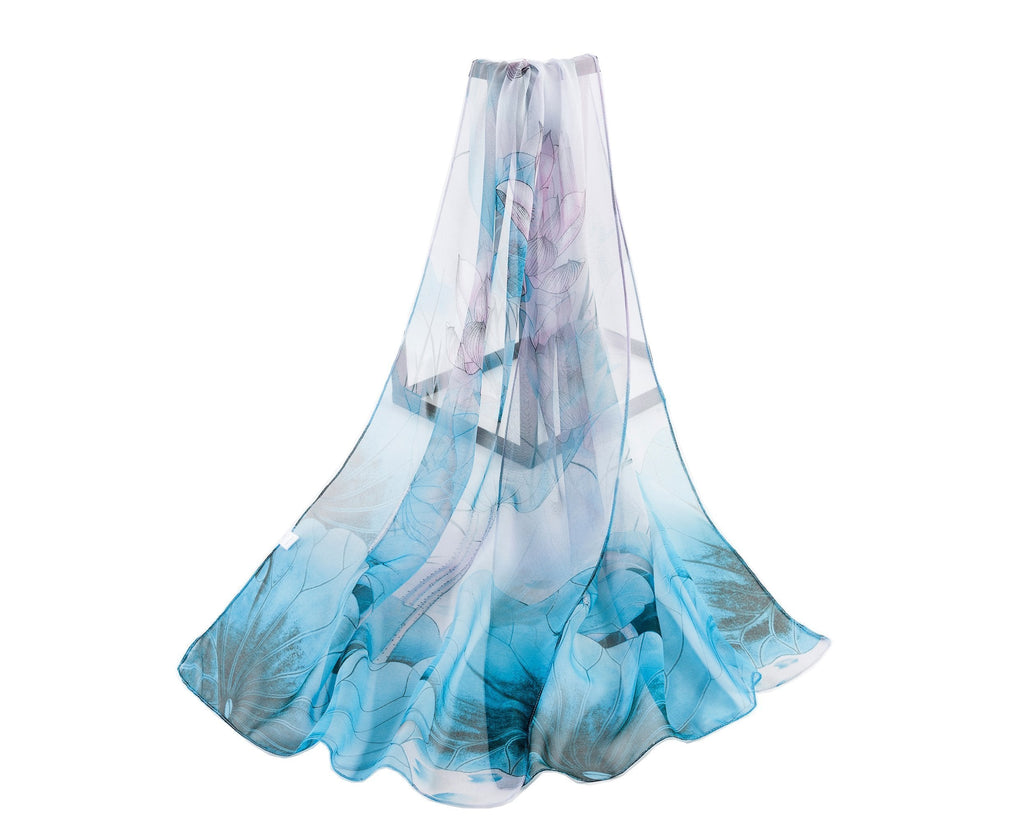 [Australia] - Women Lightweight Chiffon Neck Scarf with Lotus Flower Pattern by Signare Light Blue 