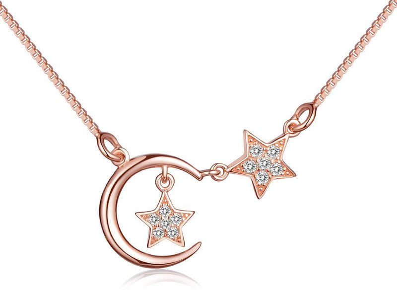 [Australia] - Yumilok Jewelry 925 Sterling Silver Rose Gold Plated Cubic Zirconia Elegant Moon Stars Pendant Necklace Necklet for Women/Girls 