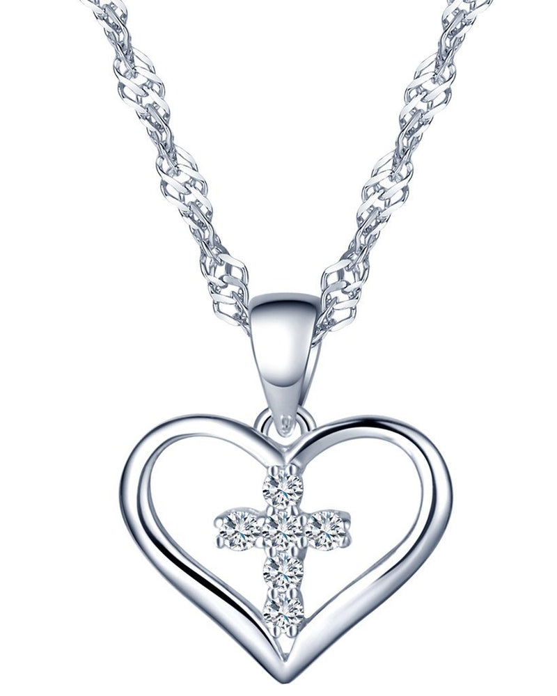 [Australia] - Yumilok Jewelry 925 Sterling Silver Cubic Zirconia Elegant Cross Heart Shaped Pendant Necklace for Women/Girls 