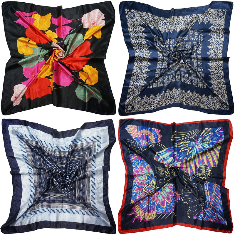 [Australia] - LilMents 4 Mixed Designs Large 90 × 90cm Square Satin Womens Neck Head Scarf Scarves Set Set Za 