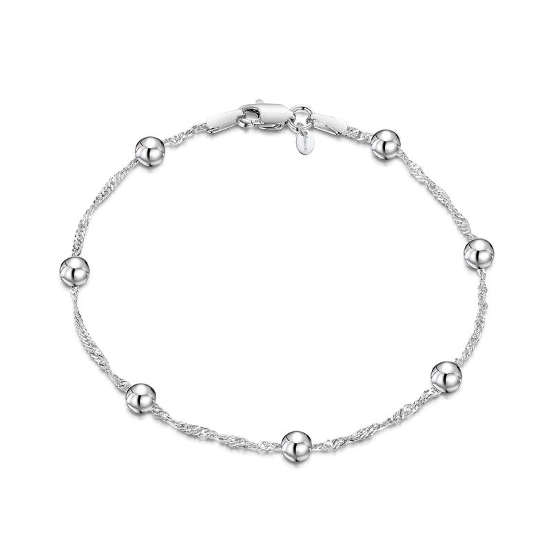 [Australia] - Amberta 925 Sterling Silver 1.4 Singapore Chain Bracelet Size with 4 mm Ball Beads 7" 7.5" in 7 inch / 18 cm 