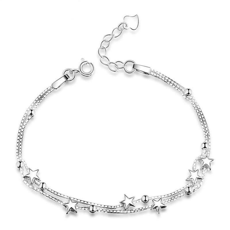 [Australia] - Elegant Mini Stars Beaded Charm Bracelet 925 Sterling Silver Box Chain Layered Bracelet,Adjustable Friendship Link Bracelet Jewelry for Women 