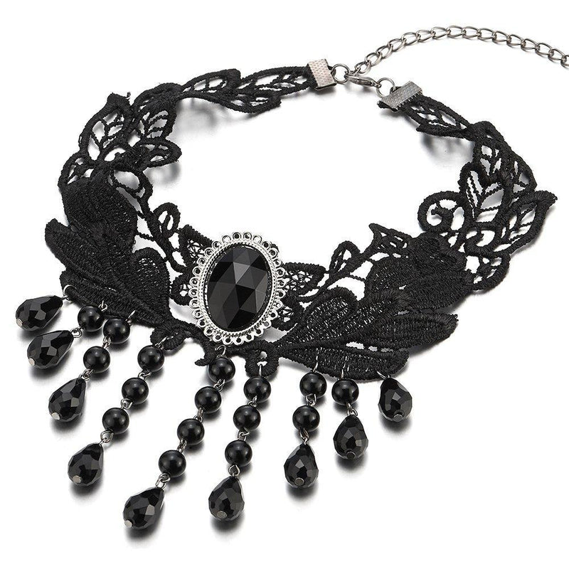 [Australia] - COOLSTEELANDBEYOND Gothic Victorian Nostalgic Black Lace Choker Necklace with Dangling Black Bead Charms Link Chain 
