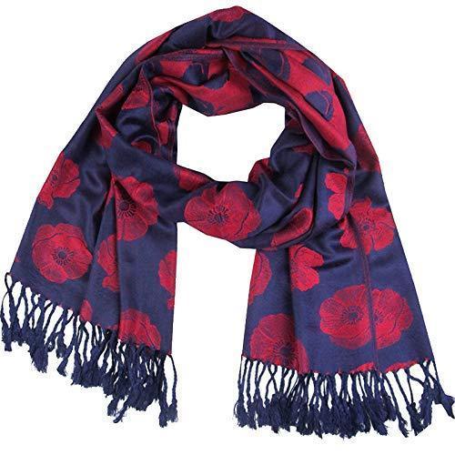 [Australia] - Poppy Pashmaina Scarf, Soft Warm Viscose Pashminas Poppies Flower Womens Shawl Navy Blue 
