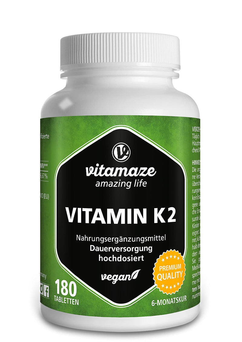 [Australia] - Vitamaze® Vitamin K2 MK-7 200 mcg Vegan & High Strength Menaquinone, 180 Tablets for 6 Months, German Quality, Natural & Organic Supplement Without Additives 