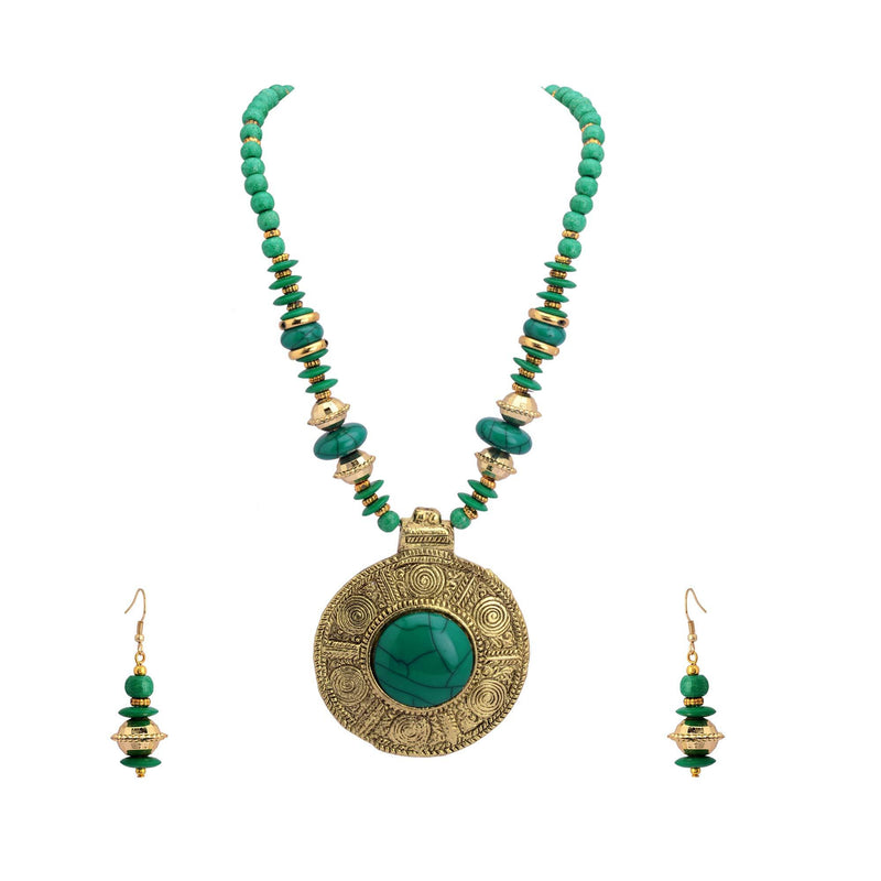 [Australia] - Zephyrr Statement Fashion Tibetan Handmade Beaded Pendant Necklace Earrings Set for Women Green 