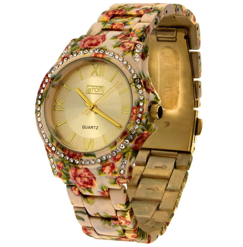 [Australia] - Eton Ladies Sunray Dial Crystal Bezel Cream Floral Bracelet Strap Watch 3250L 