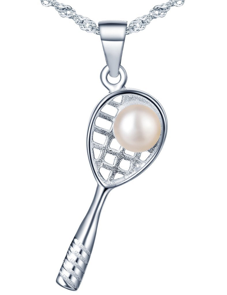 [Australia] - Yumilok Jewelry 925 Sterling Silver Pearl Elegant Tennis Racket Sport Pendant Necklace for Women/Girls 