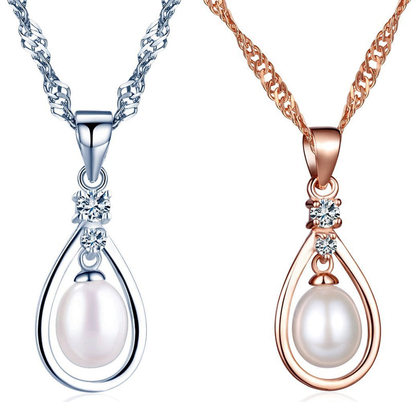 [Australia] - Yumilok Jewelry 2Pcs 925 Sterling Silver Cubic Zirconia Pearls Water Tear Drops Rose Gold Plated, Silver Pendant Necklace for Women/Girls 