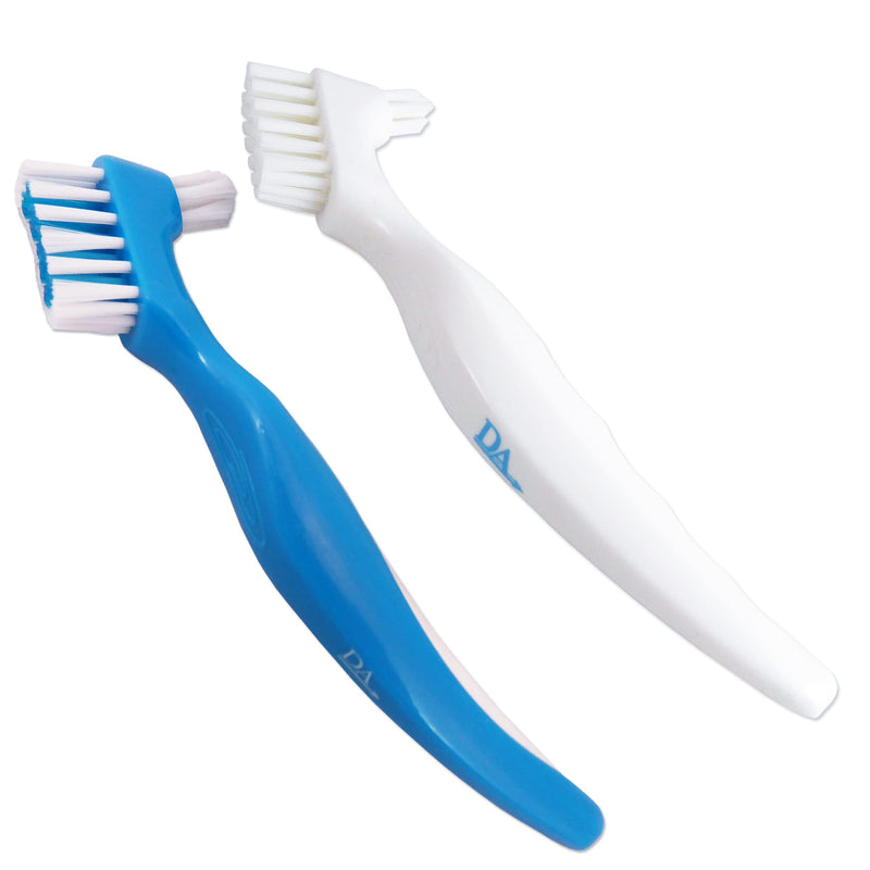 [Australia] - Denture Brush (Set of 2) Blue & White Brushes ~ Easy Grip Handle, Double Bristle Head 
