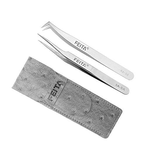 [Australia] - Precision Volume Tweezers Set - FEITA Professional Curved Angled & Pointed Tip Stainless Steel Tweezers for 3D 6D Eyelash Extension, Hair Removal, Crafting and Hobbies (2 Pcs) 
