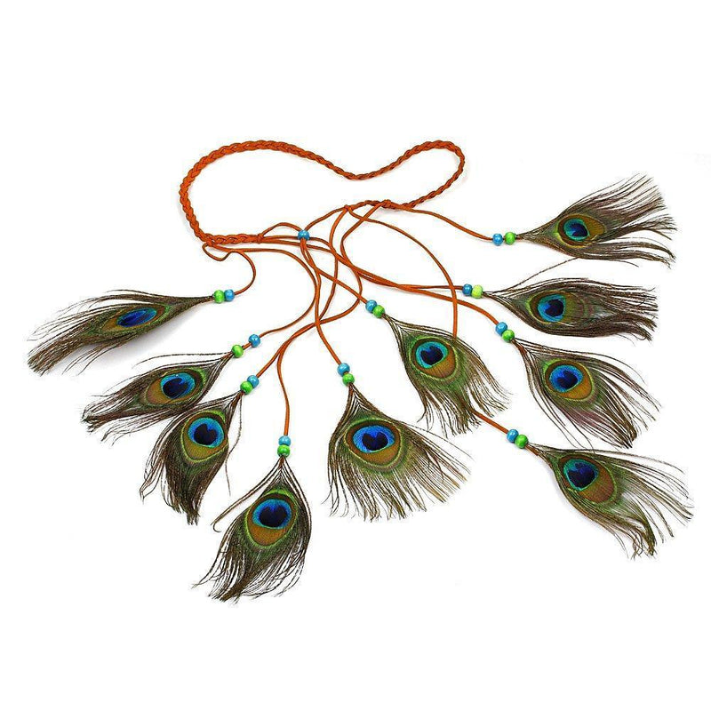 [Australia] - Handmade Boho Chic Feather Peacock Headband, Peacock Feather Head Chain, Adjustable Length 
