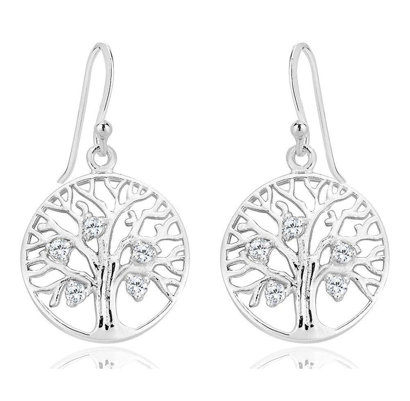 [Australia] - DTPsilver® 925 Sterling Silver, Yellow or Rose Gold Plated Drop/Dangle Hook Tree of Life & Cubic Zirconia CZ Earrings - Diameter: 17 mm - Dimensions: 17 x 32 mm 