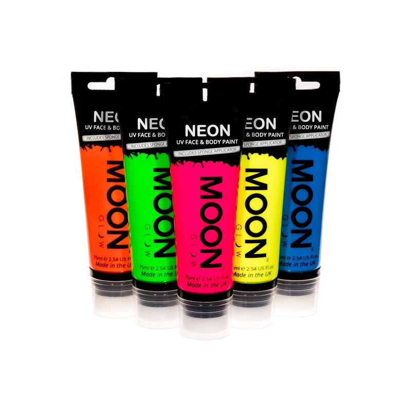 [Australia] - Moon Glow Supersize 75ml Neon UV Face & Body Paint - Set of 5 tubes - with sponge applicator 