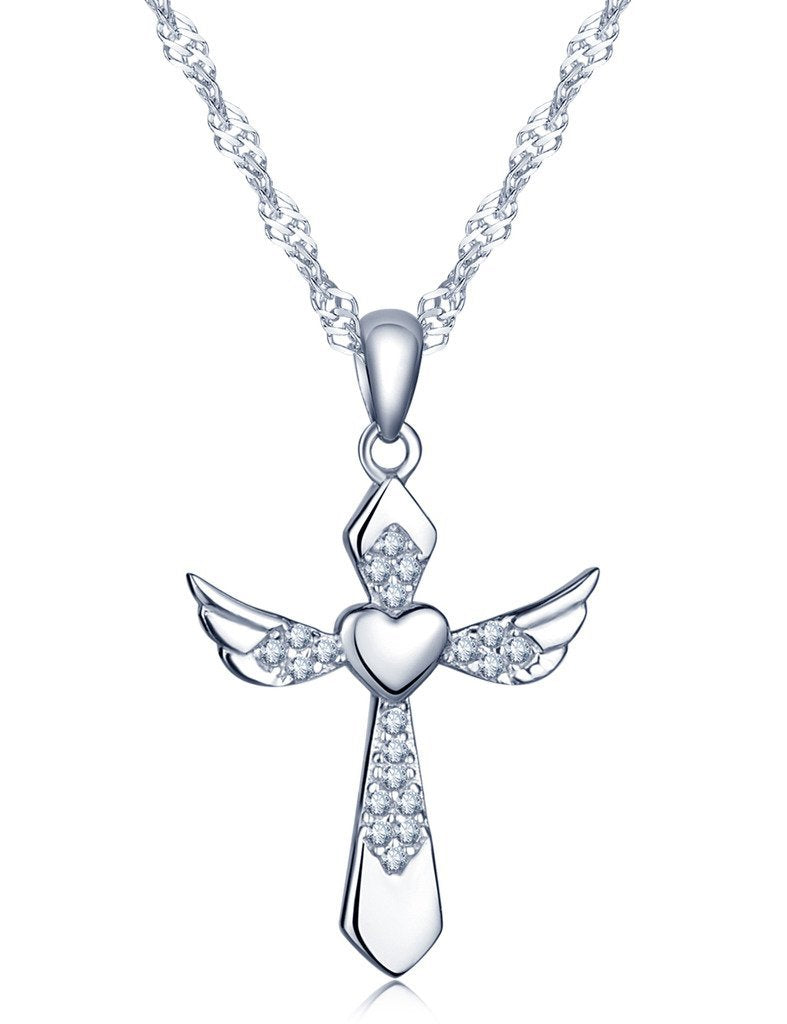 [Australia] - Infinite U Elegant Angel Wings Heart Cross Pendant 925 Sterling Silver Rhodium Plated Cubic Zirconia Necklace for Women/Girls 