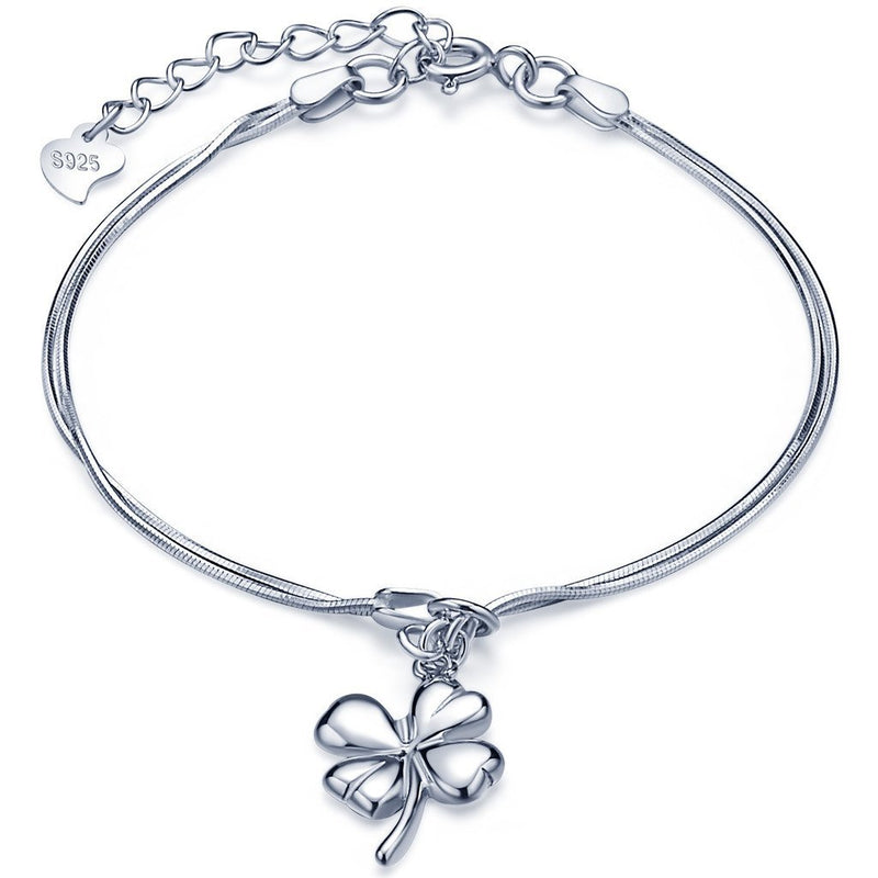 [Australia] - Infinite U Women Girls Charm Bracelet 925 Sterling Silver, Cute Elephant bangle, Lucky Four-leaf Clover bangle, Adjustable Hand Link, Double Chains Extension, Silver Silver-four Leaf Clover 