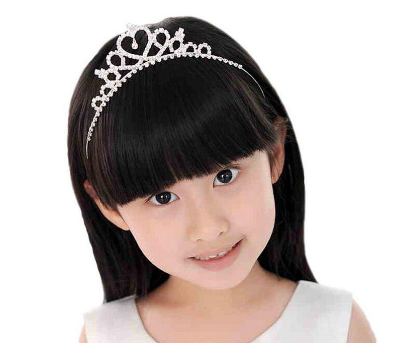 [Australia] - Girl's Heart-Shape Rhinestone Princess Crown Headband Bridal Tiara Party Headwear Hair Accessory for Girls Children, Silver 
