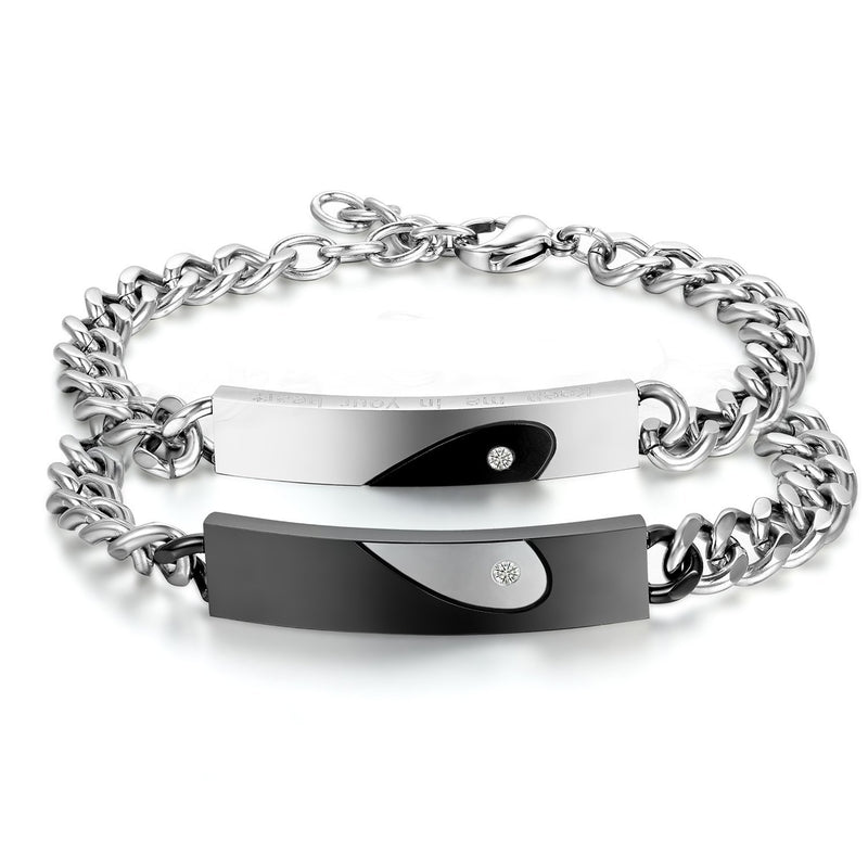 [Australia] - Cupimatch 2PCS Couples Bracelets Set Stainless Steel Love Heart Puzzle Matching Valentine Engagement Gift Link Chain Bracelet for Men Women (Silver Black) 