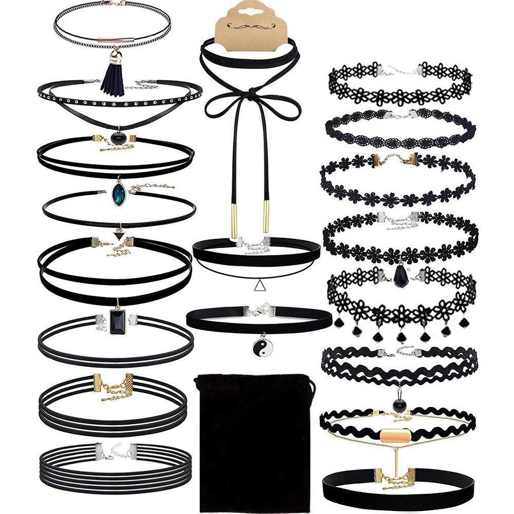 [Australia] - Choker Set, Outee 20 Pcs Classic Choker Necklace Layered Black Chokers Necklaces Womens with Material of Velvet 