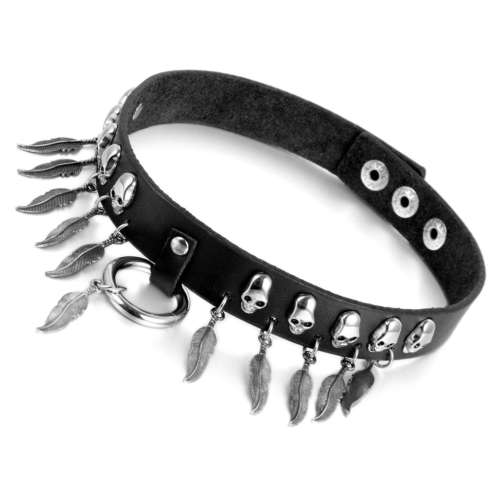 [Australia] - Cupimatch Vintage PU Leather Necklace Goth Rivet O-Ring Choker Collar for Women Feather Choker 
