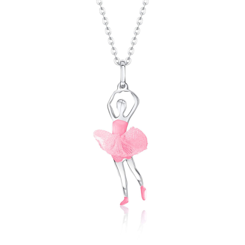 [Australia] - UNICORNJ Childrens Teens Sterling Silver 925 Pendant Necklace with Tulle Tutu and Enamel 16" Italy Ballet Dancer - Light Pink 