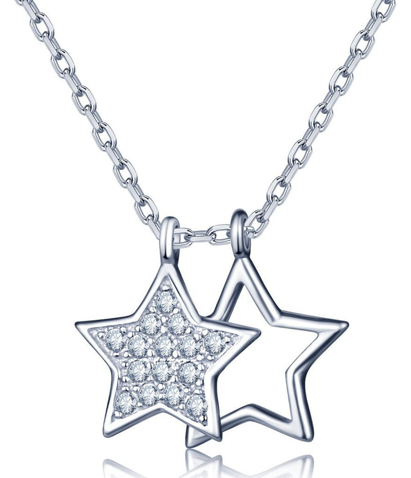 [Australia] - Infinite U Fashion Double Stars 925 Sterling Silver Cubic Zirconia Pendant Necklace Necklet for Women/Girls, Silver 