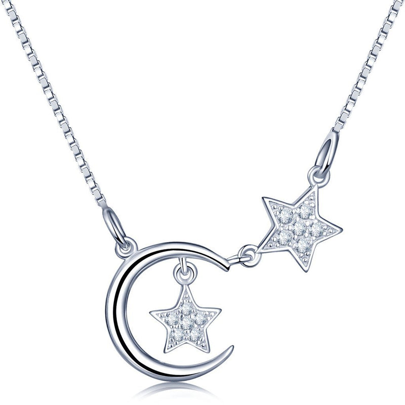 [Australia] - Infinite U Fashion Crescent Moon Double Stars 925 Sterling Silver Cubic Zirconia Pendant Necklace Necklet for Women/Girls, Silver 