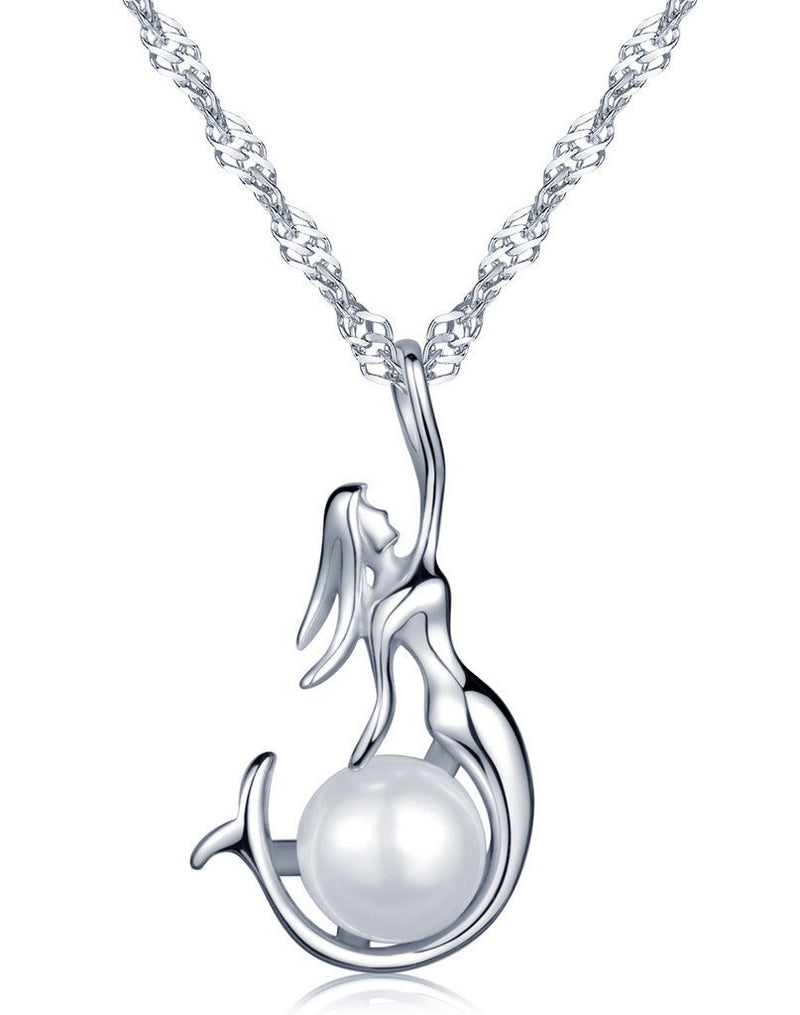 [Australia] - Infinite U Fashion Little Mermaid Sea-Maid 925 Sterling Silver Rhodium Plated Pearl Pendant Necklace for Women/Girls, Silver 
