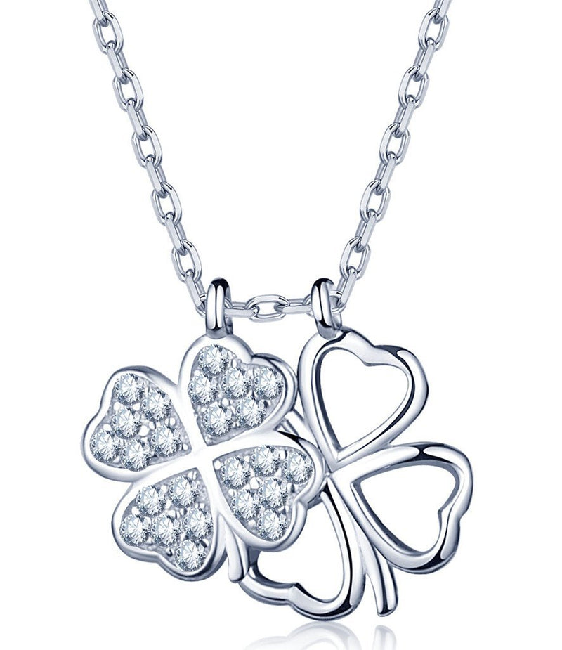 [Australia] - Infinite U Elegant Double Four-leaved Clovers 925 Sterling Silver Cubic Zirconia Pendant Necklace for Women/Girsl, Silver 