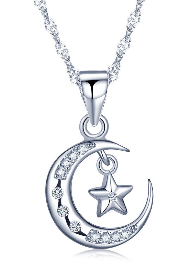 [Australia] - Infinite U Fashion Crescent Moon Star 925 Sterling Silver Cubic Zirconia Pendant Necklace for Women/Girls, Silver 