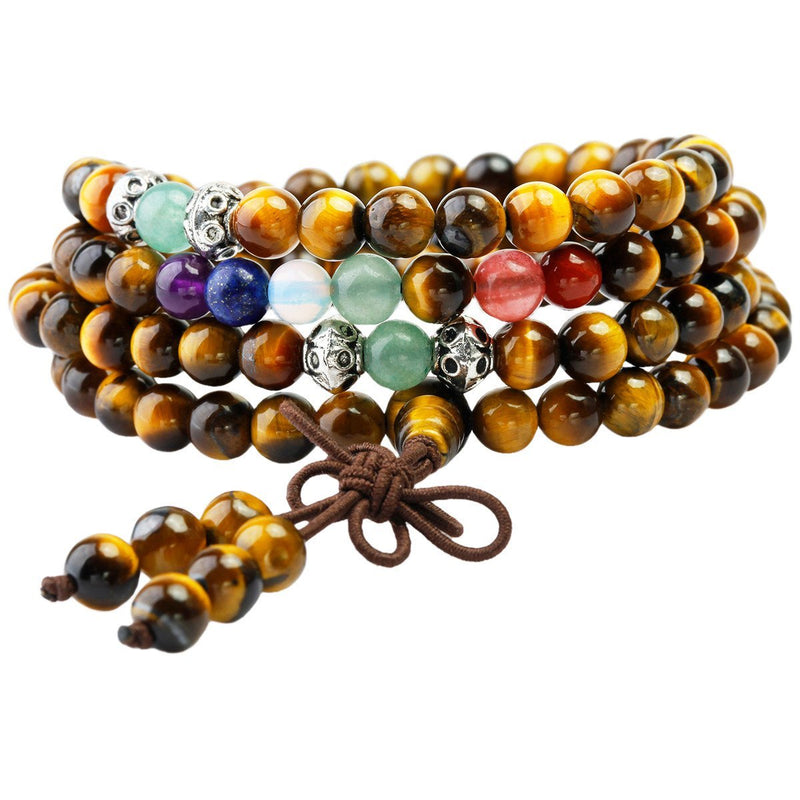 [Australia] - Shanxing 108 Prayer Beads Mala Bracelet Tibetan Buddhist Buddha Meditation Stone Necklace,Tiger's Eye & 7 Chakra Beads 