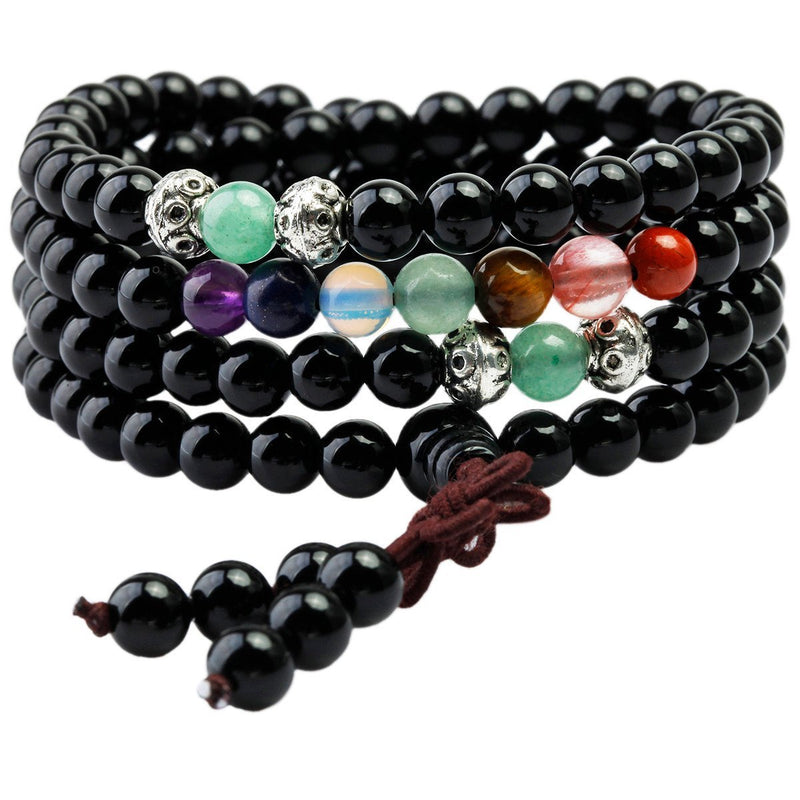 [Australia] - Shanxing 108 Prayer Beads Mala Bracelet Tibetan Buddhist Buddha Meditation Stone Necklace,Black Agate & 7 Chakra Beads 