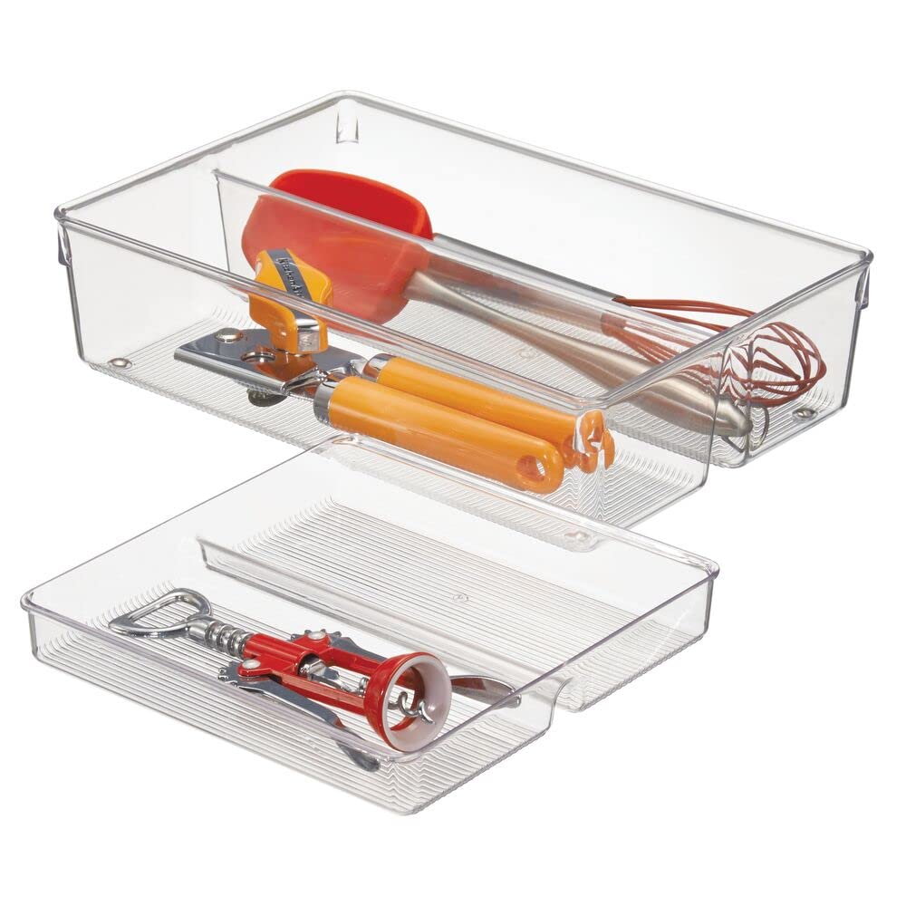 [Australia] - mDesign 2-Piece Kitchen Drawer Organiser for Kitchen Utensils and Tools - Cutlery Tray and Kitchen Utensil Holder - 2 Sliding Trays with 2 Compartments Each - Clear 