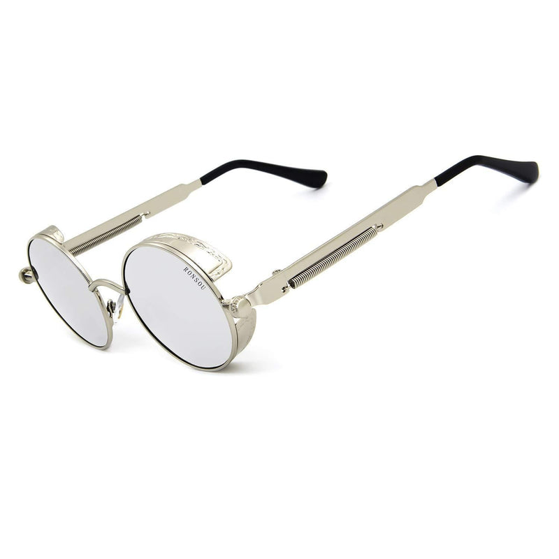 [Australia] - Ronsou Steampunk Style Round Vintage Polarized Sunglasses Retro Eyewear UV400 Protection Matel Frame Silver Frame/Silver Lens 