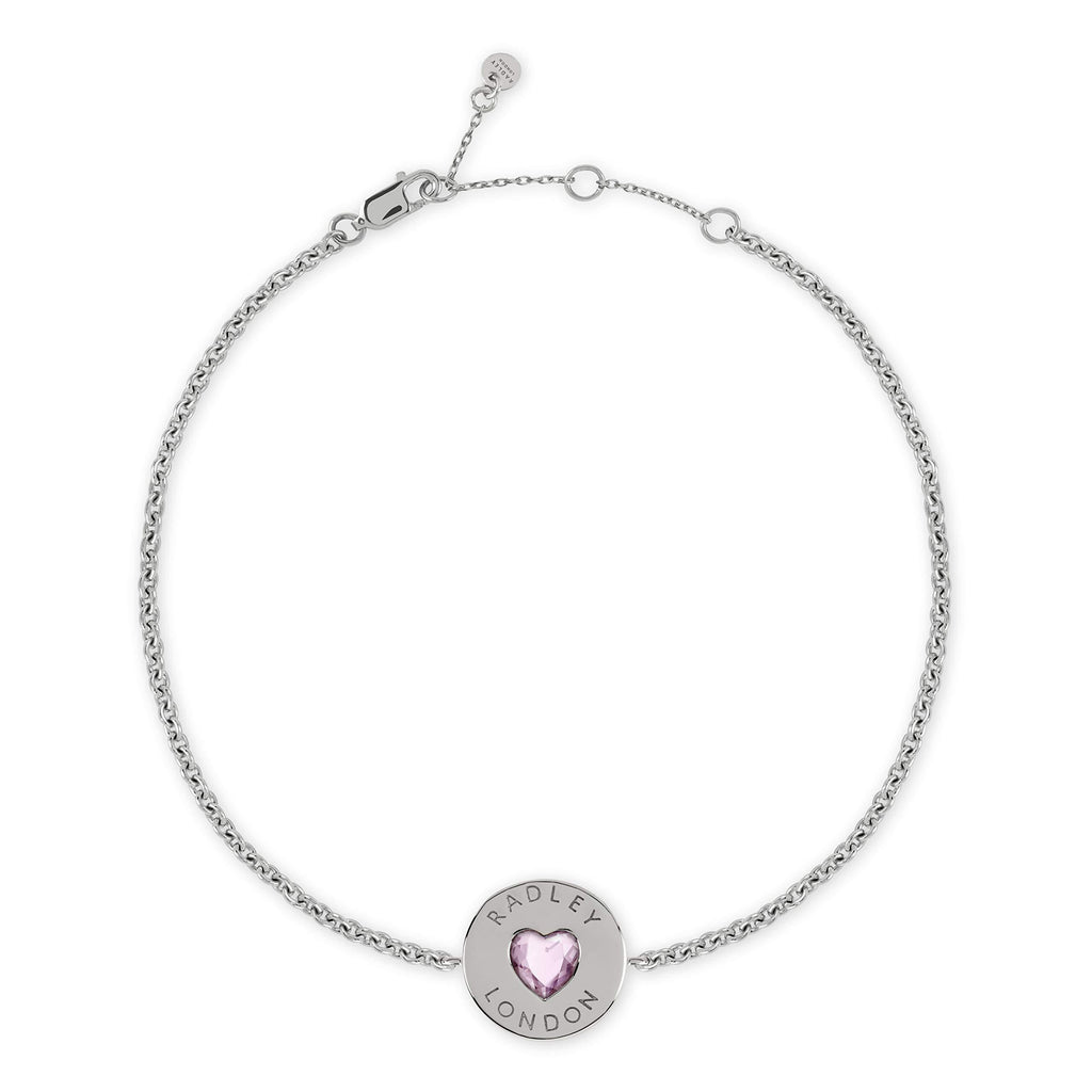 [Australia] - Radley Love Heart Ladies Silver Engraved Disc Pink Stone Heart Bracelet RYJ3079 