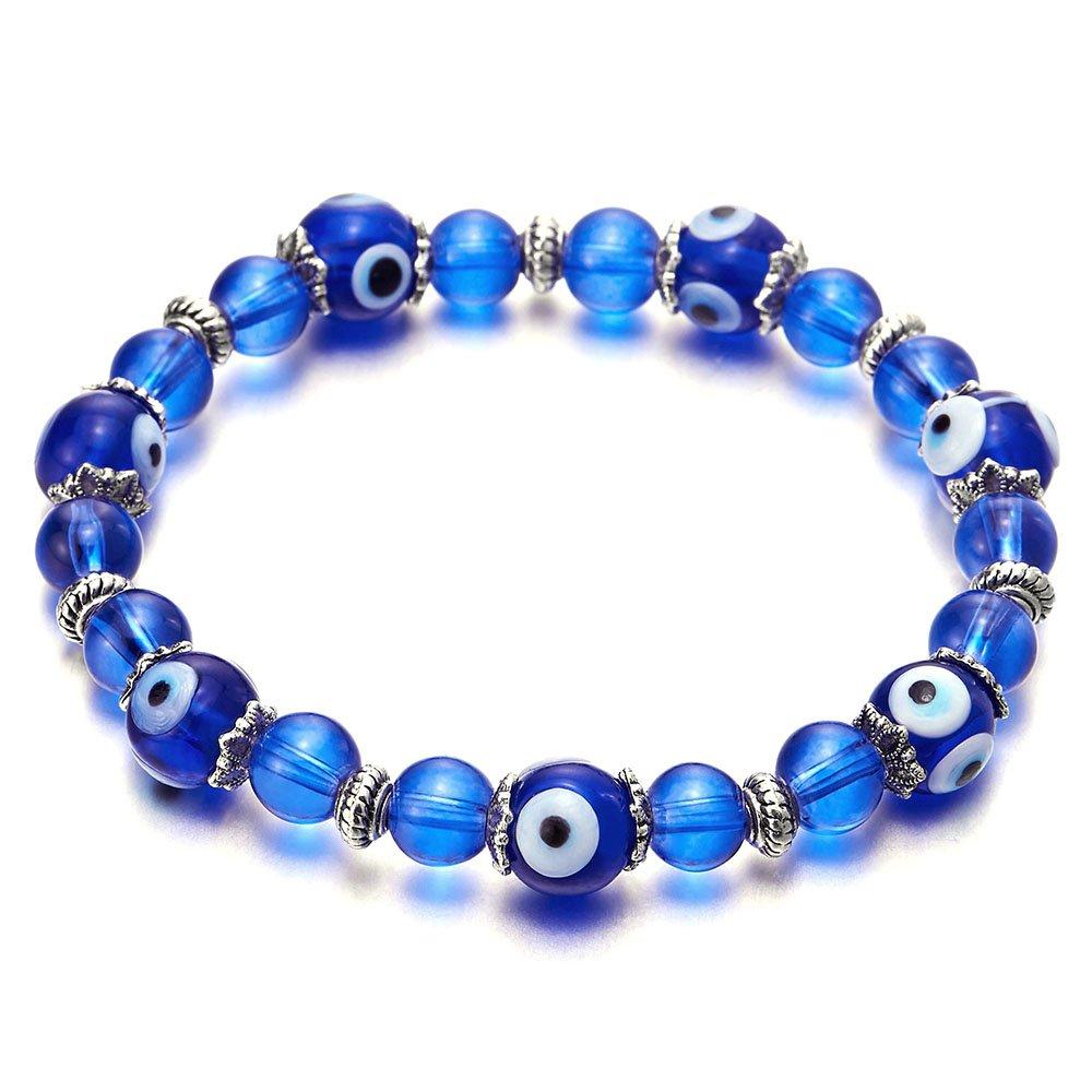 [Australia] - COOLSTEELANDBEYOND Womens Beads Bracelet with 8mm Blue Murano-Style Glass Evil Eye Beads and Charms 