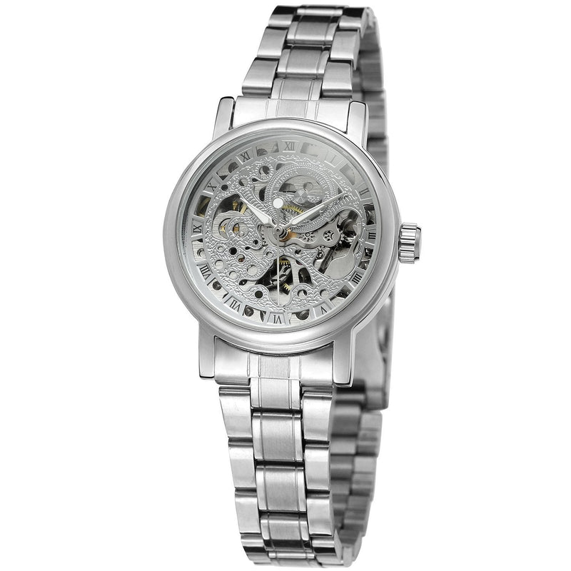 [Australia] - Forsining Women's Stylish Automatic Self-Wind Skeleton Analogue Stainless Steel Bracelet Watch 