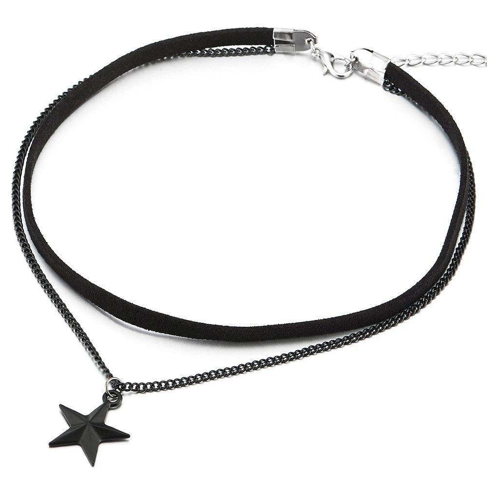 [Australia] - COOLSTEELANDBEYOND Ladies Womens Girls Two-Rows Black Choker Necklace with Black Chain and Pentagram Star Charm Pendant 
