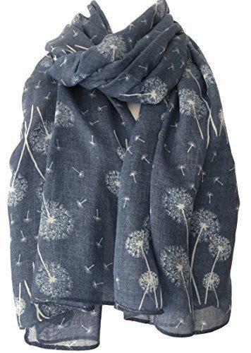 [Australia] - Blue Floral Scarf Ladies White Flowers Wrap Denim Blue Dandelion Flower Shawl, Blue, Denim Blue, Dark Blue, Navy, Navy Blue, White, L 