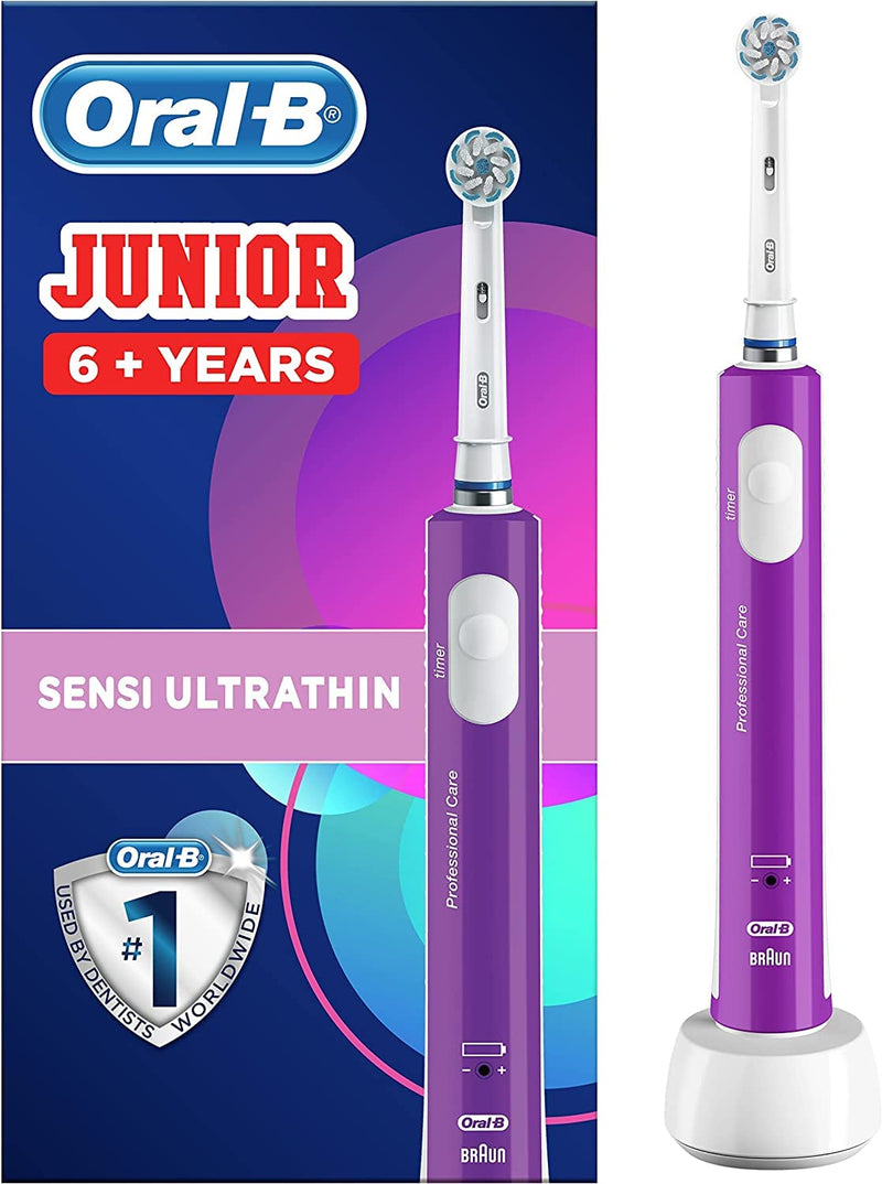 [Australia] - Oral-B Kids Electric Toothbrush, 1 Toothbrush Head, with Kid-Friendly Sensitive Mode, For Junior Kids Ages 6+, 2 Pin UK Plug, Purple Junior Purple Handle 