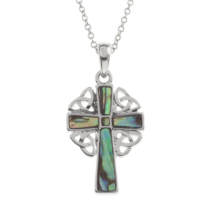 [Australia] - Kiara Jewellery Celtic Cross Pendant Necklace Inlaid With Natural Green Paua Abalone Shell on 18" Trace Chain. Non Tarnish Silver Colour Rhodium plated. 