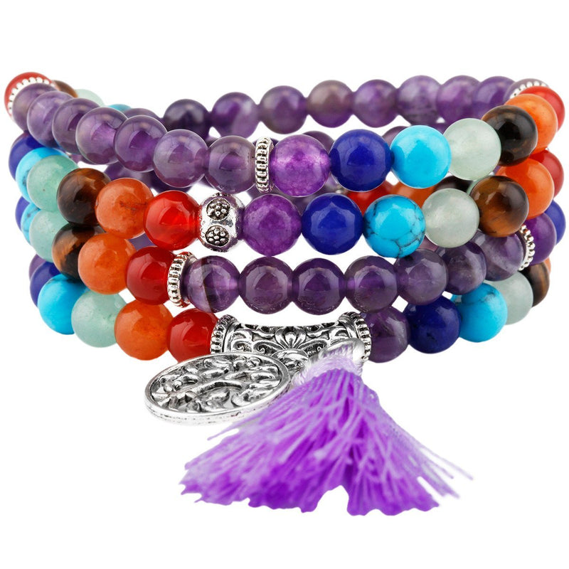 [Australia] - Shanxing 108 Prayer Beads Mala Bracelet Tibetan Buddhist Buddha Meditation Stone Necklace,7 Chakra & Amethyst 