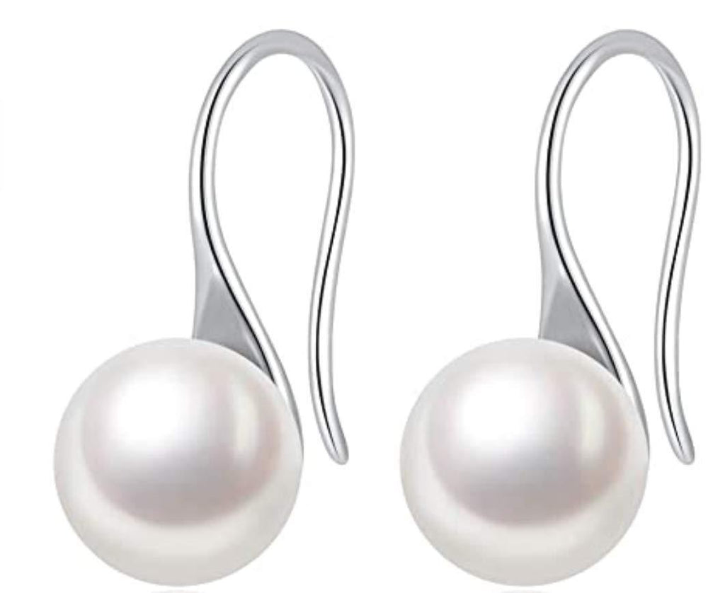 [Australia] - Mu&Nin Women's Classical Freshwater Cultured Button Pearl Dangle Earrings 9.0mm White 925 Sterling Silver (hook earrings pearl) 