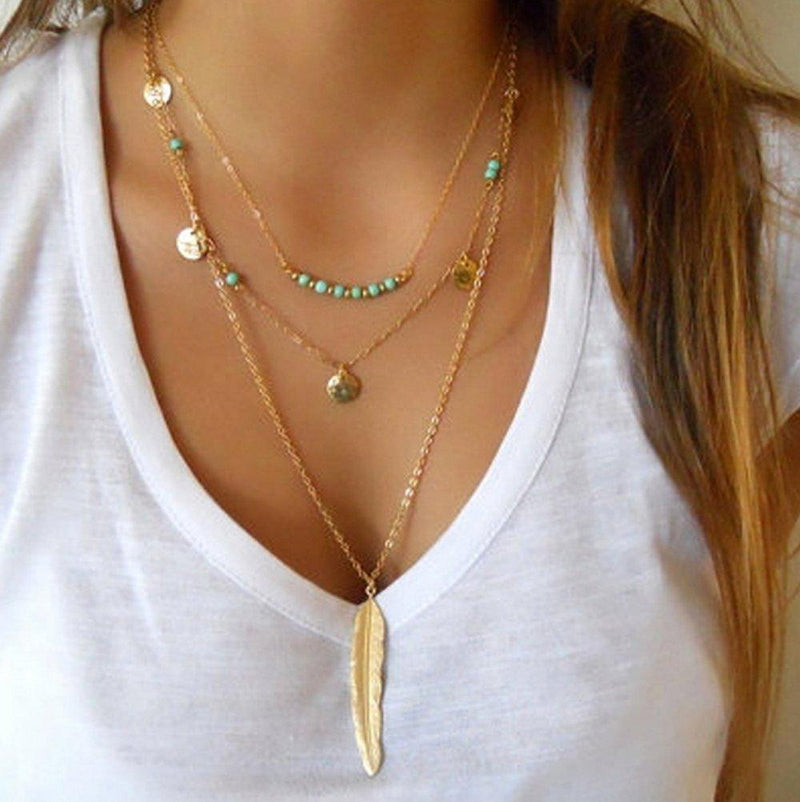 [Australia] - Yean Bohemia Necklace Long Multilayer Necklace with Feather and sequins for Women and Girls 