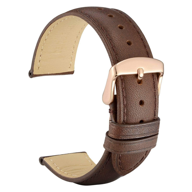 [Australia] - WOCCI Retro Leather Watch Strap, Polish Rose Gold Buckle, Replacement Band 14mm 16mm 18mm 19mm 20mm 21mm 22mm 20mm - 25/32" Dark Brown / Tone on Tone Stitch 