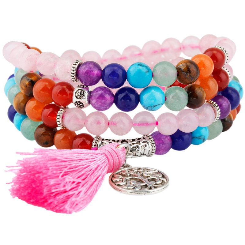 [Australia] - Shanxing 108 Prayer Beads Mala Bracelet Tibetan Buddhist Buddha Meditation Stone Necklace,7 Chakra & Rose Quartz 